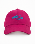 Pink cap with blue text 'apres pickle' on a white background