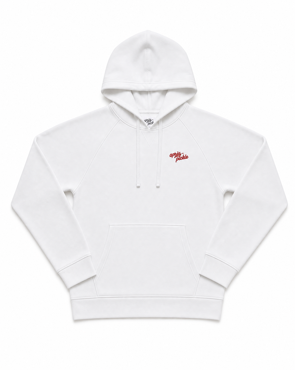 White hoodie with a red logo on a white background