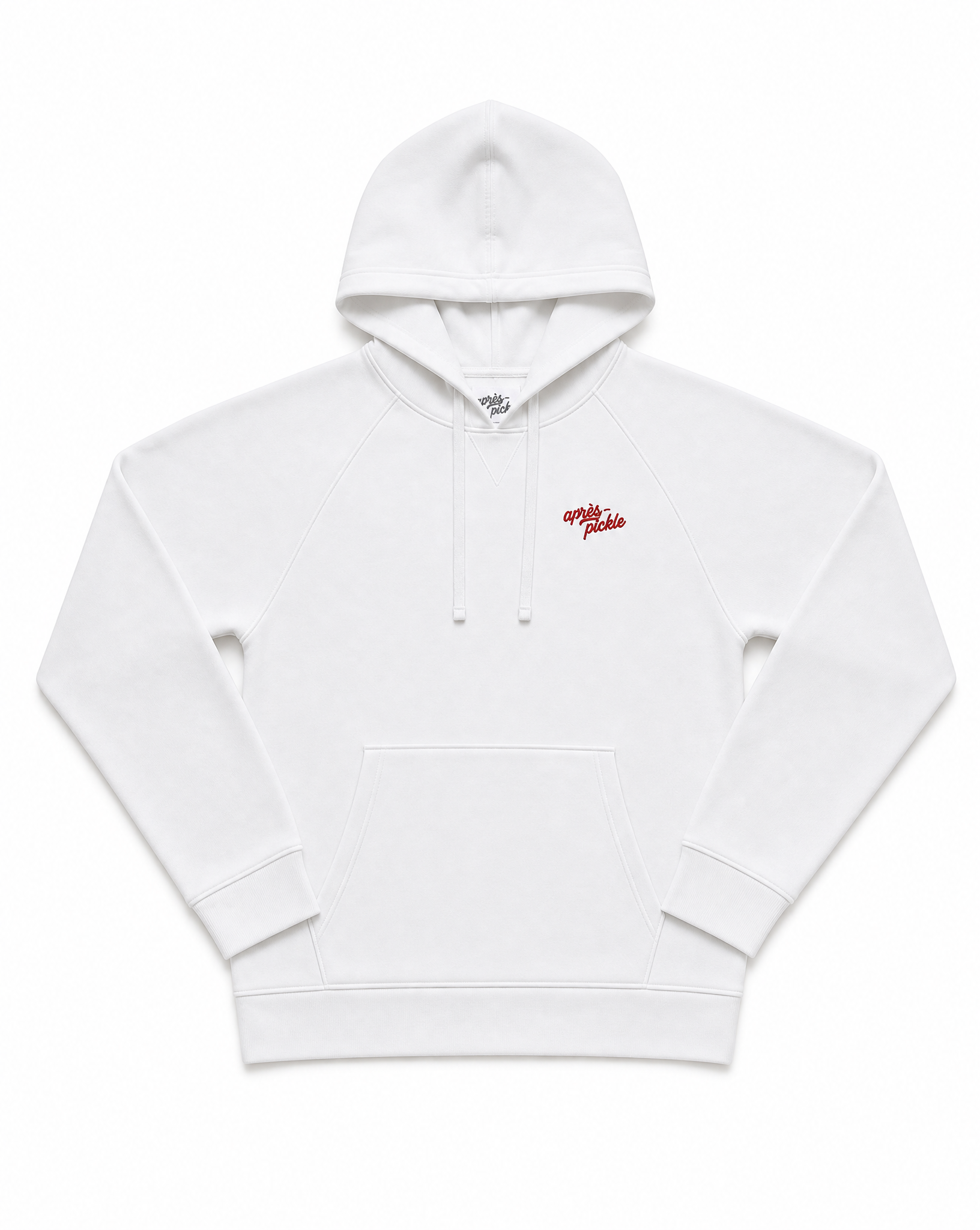White hoodie with a red logo on a white background