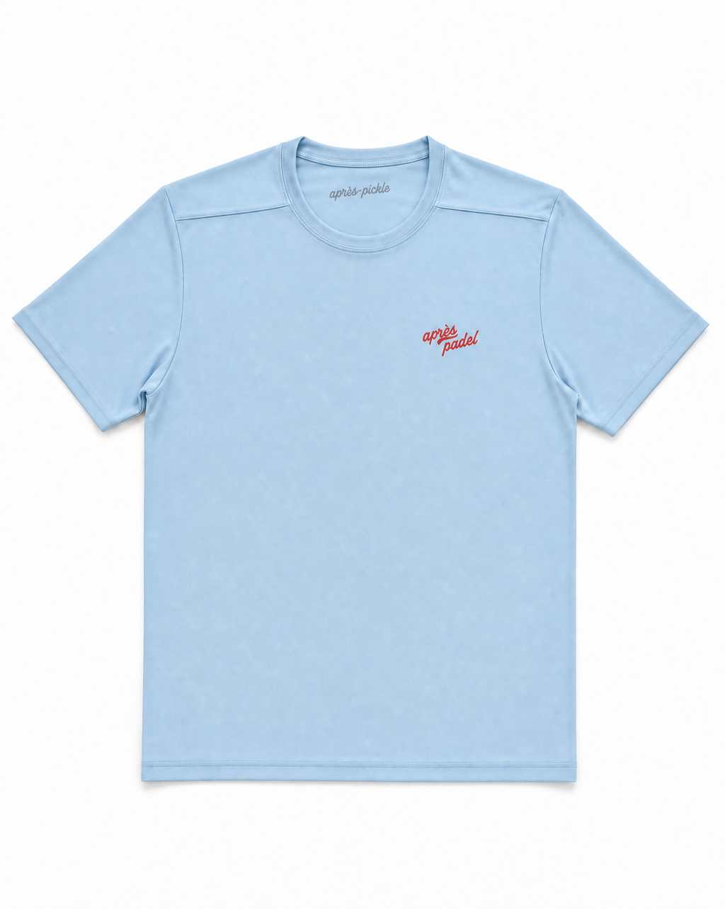 Light blue t-shirt with a red logo on a white background