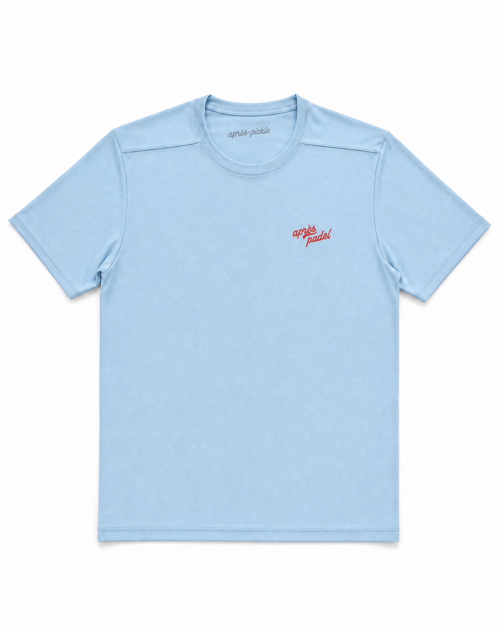 Light blue t-shirt with a red logo on a white background