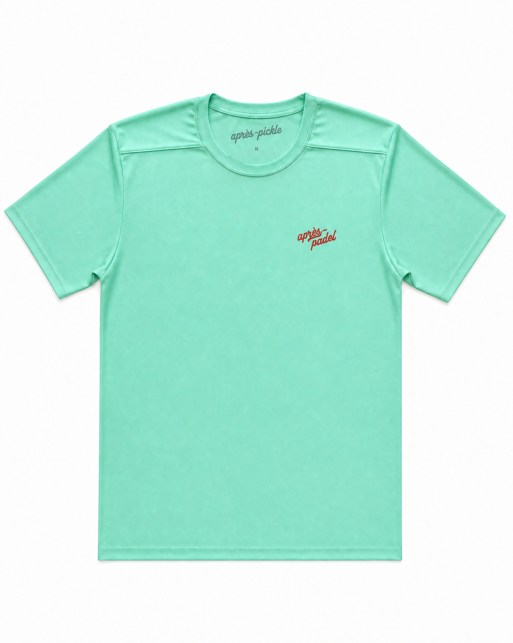 Light green t-shirt with a red logo on a white background