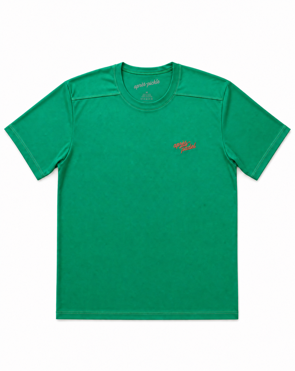 Green t-shirt with a small logo on a white background