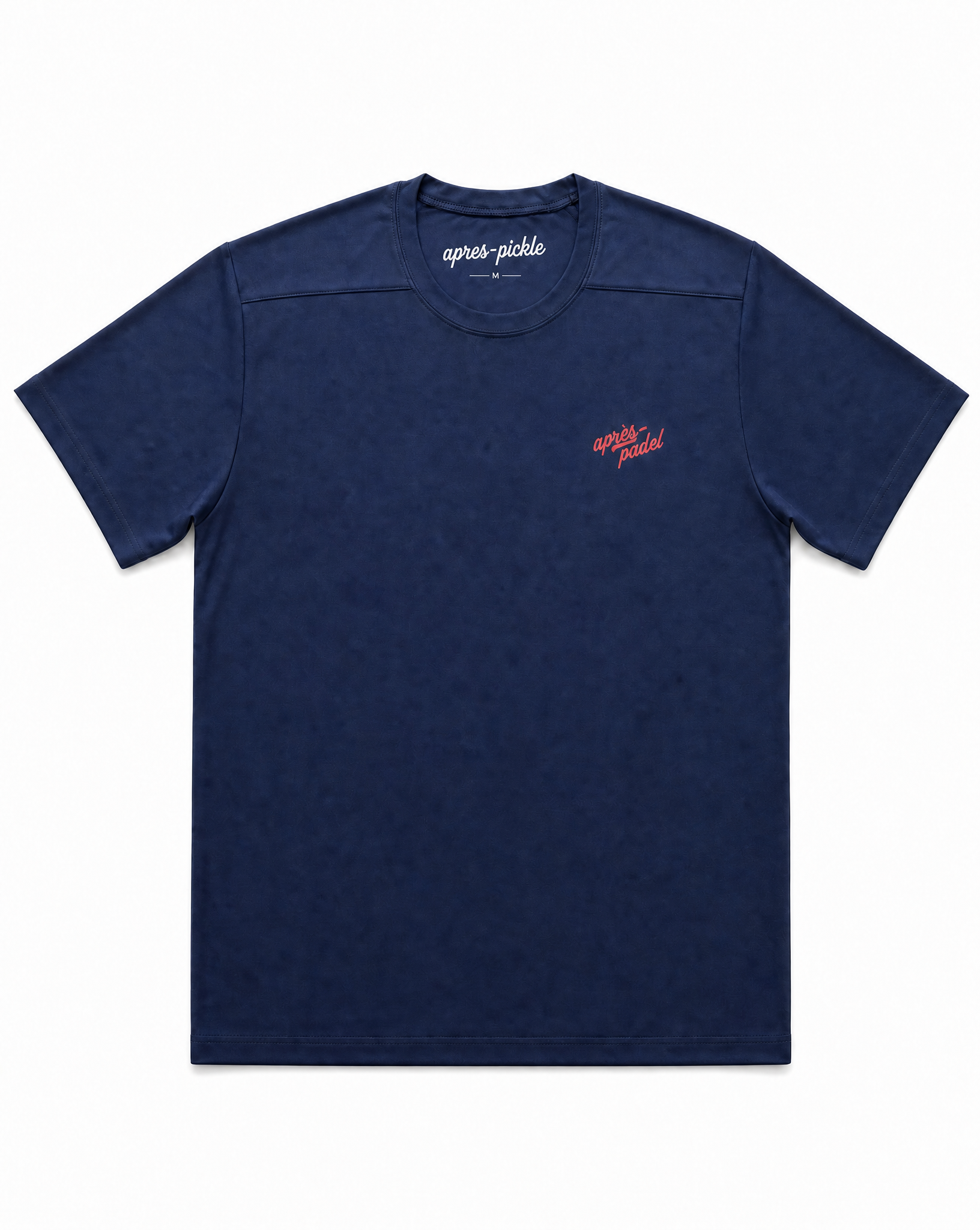 Navy blue t-shirt with small red logo on a white background