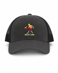 Black mesh cap with colorful graphic and 'Dilly Life' text on a white background