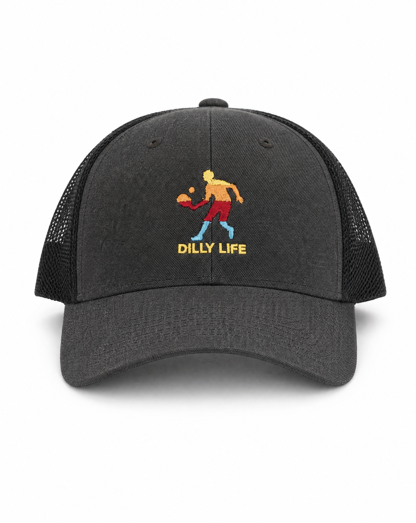 Black mesh cap with colorful graphic and 'Dilly Life' text on a white background