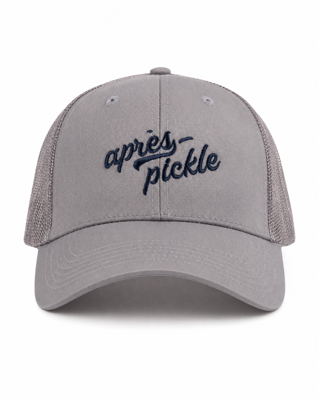 Gray cap with 'apres pickle' text on a white background