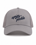 Gray cap with 'apres pickle' text on a white background