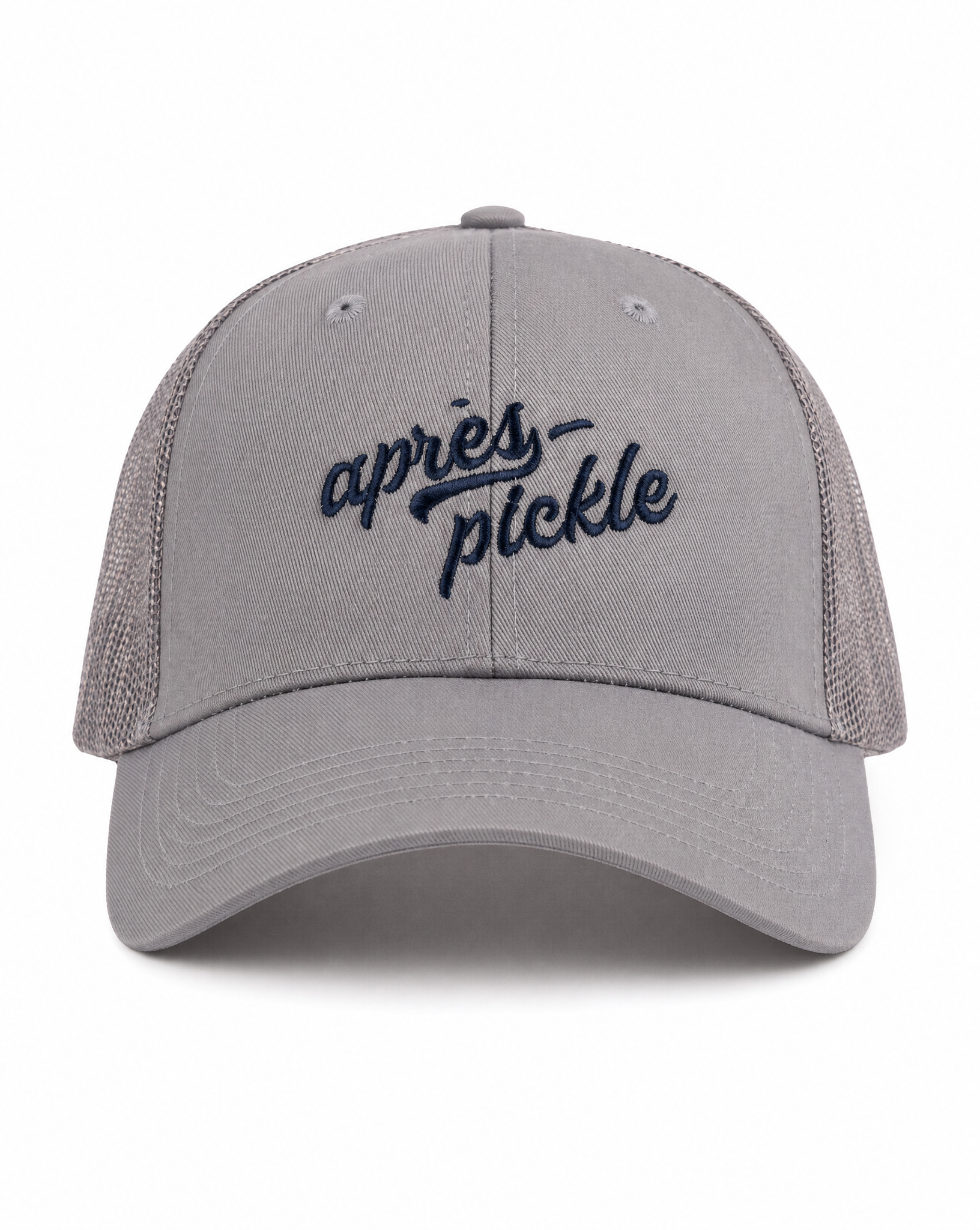 Gray cap with 'apres pickle' text on a white background