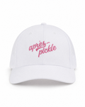 White cap with pink text 'apres pickle' on a white background
