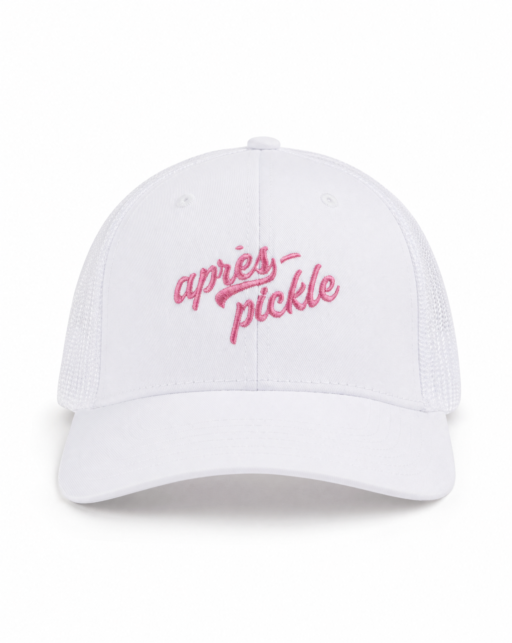 White cap with pink text 'apres pickle' on a white background