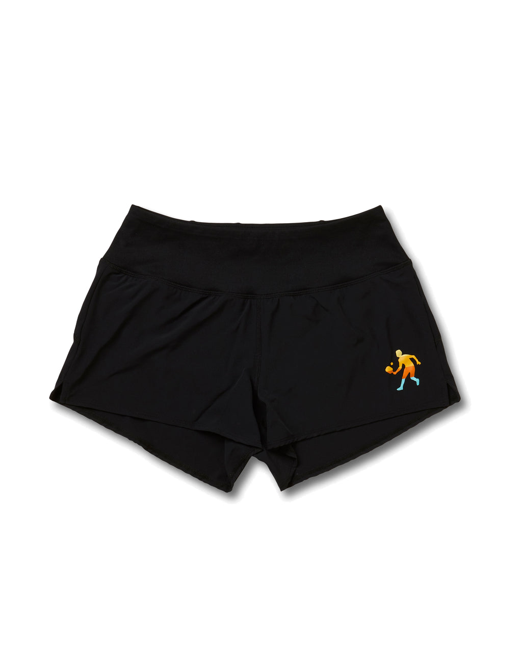 Black court play shorts with a visible logo on the left leg and a small logo on the waistband.