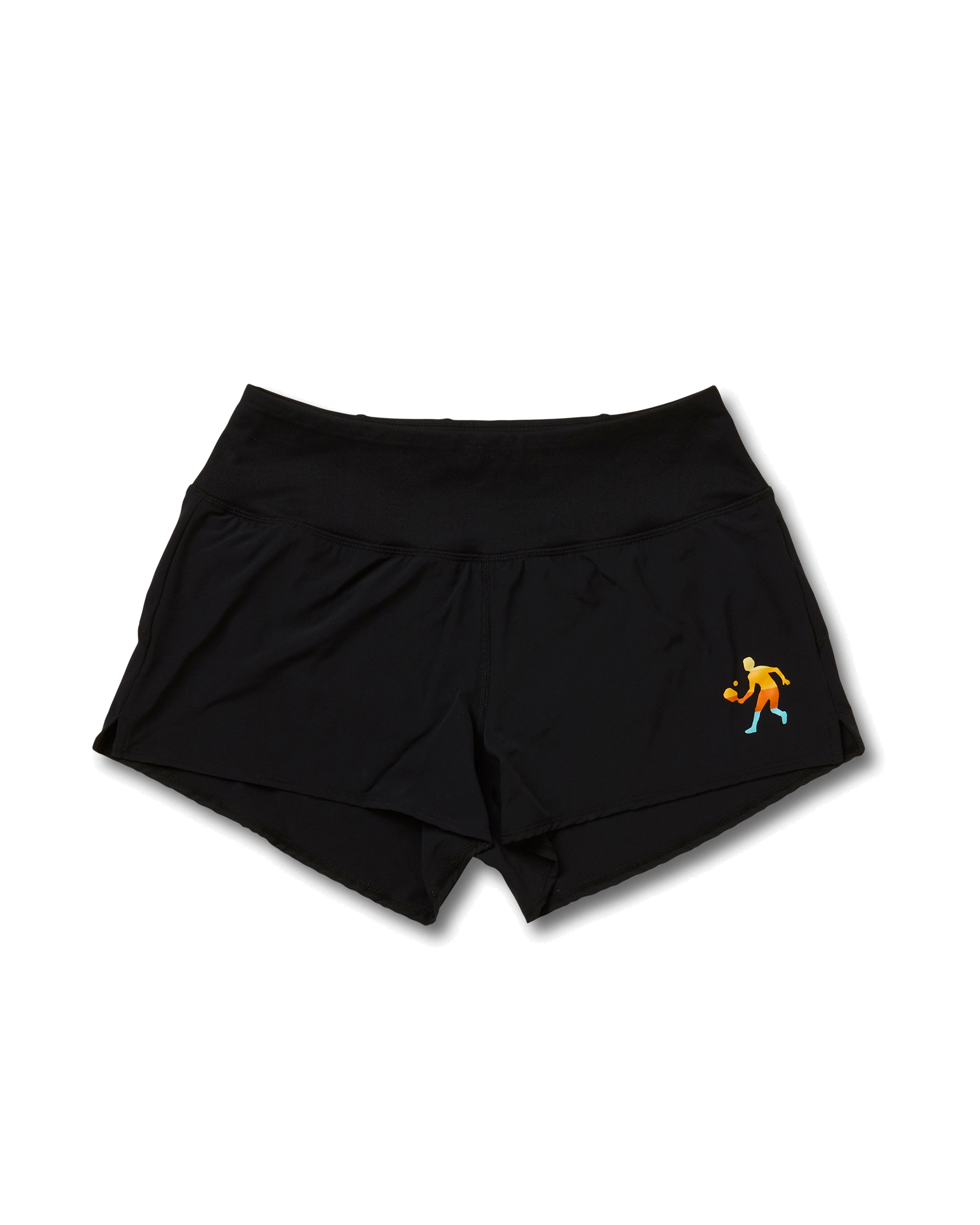 Black court play shorts with a visible logo on the left leg and a small logo on the waistband.